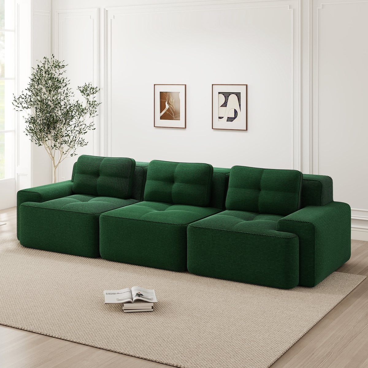 Zubaliya Frameloze modulaire cloud bank - 3-zits - Groen - Corduroy stof - Zitdiepte: 74 cm