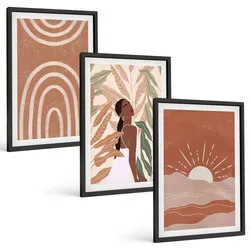BILDER SET 3er Set - 40x60 cm Schwarzer Rahmen - abstrakte Formen im Boho-Stil
