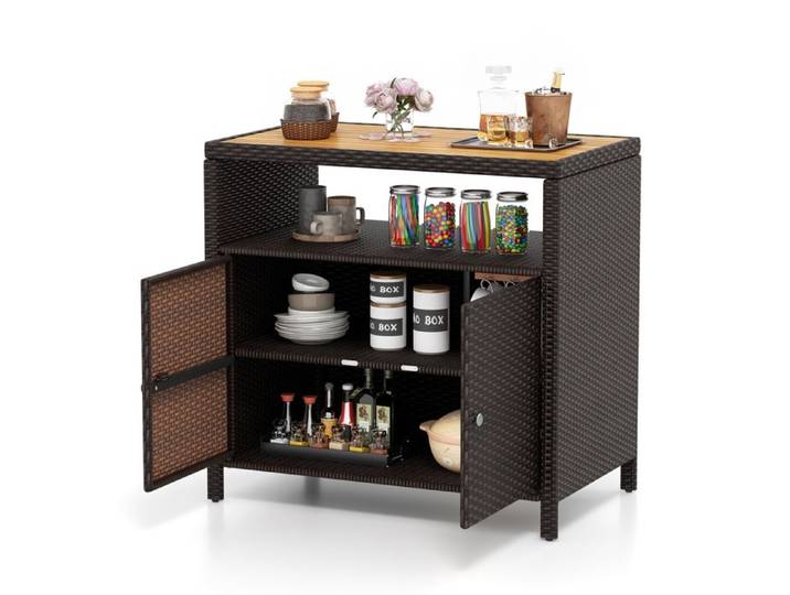 COSTWAY Coffre de Rangement en Rotin avec Plateau en Acacia 2 Portes Armoire de Jardin en Osier pour Piscine Terrasse Patio Brun