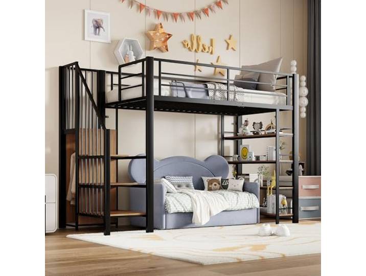 Merax Hochbett 90x200 cm, Metall, Treppe, Kleiderschrank, Stauraum, Schwarz Metallbett mit hohem Schutzgeländer und Einlegeböden – platzsparend mit Schlafbereich und praktischer Aufbewahrung