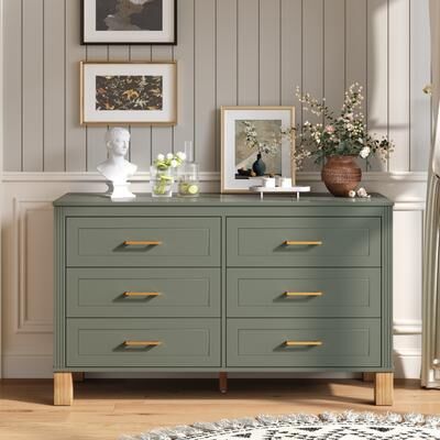 Chichoice "47"" Modern Storage Cabinet with Metal Handles & Solid Wood Legs, 6-Drawer Double Dresser in Olive"