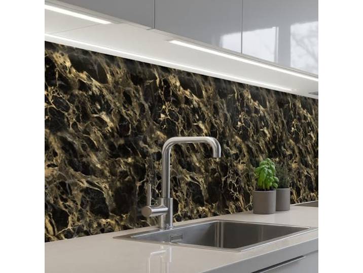 KitchenYeah© Küchenrückwand Selbstklebende Kitchen Wall Protector Küchen 80x500 cm - Rückenwand Küchenfronten Küchenrückwände Küche Wand Kristall - Gold - Schwarz - Marmor