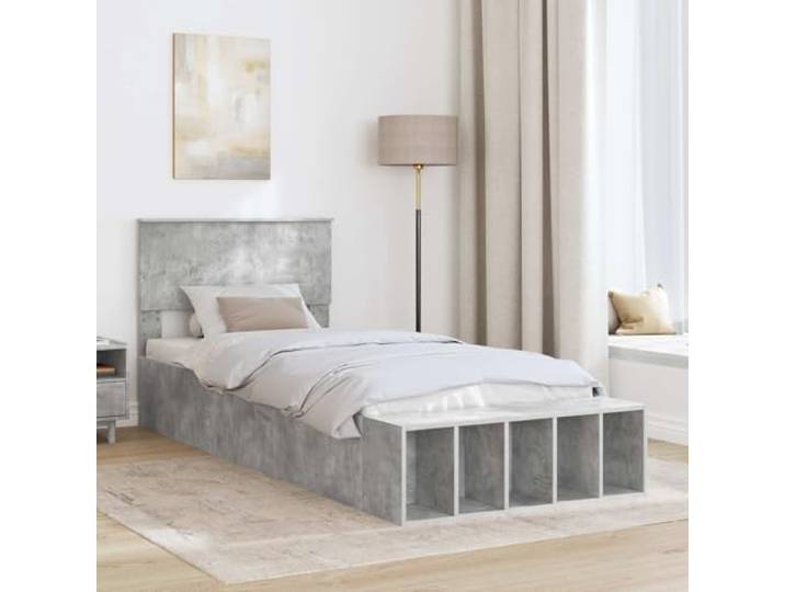 KTHLBRH Bettgestell Grau Zement 70 x 190 cm Technisches Holz, Kopfteil inklusive, integrierte Schubladen, stabil und langlebig