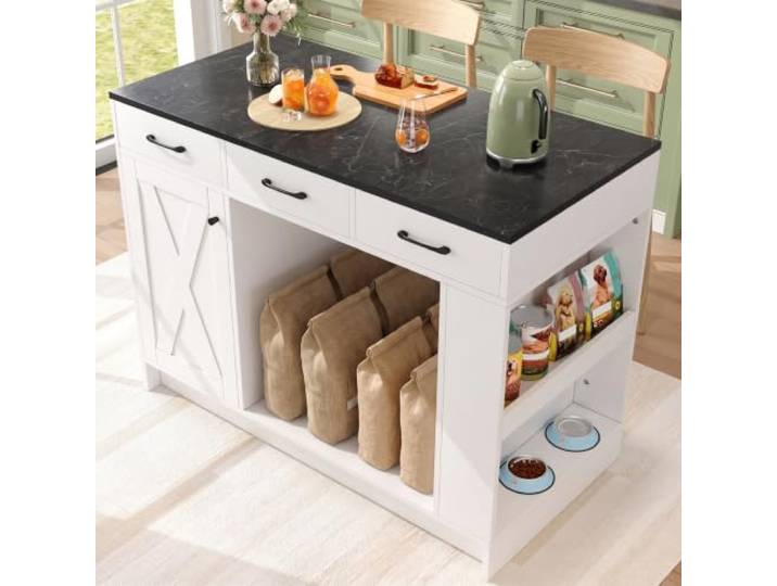 Merax Freistehende Kücheninsel mit Arbeitsplatte, Buffetschrank Küchenschrank mit 3 Schubladen, Gewürzregal & verstellbaren Böden, Multifunktional mit Fach für Hundebett, 120x60x90 cm, Weiß