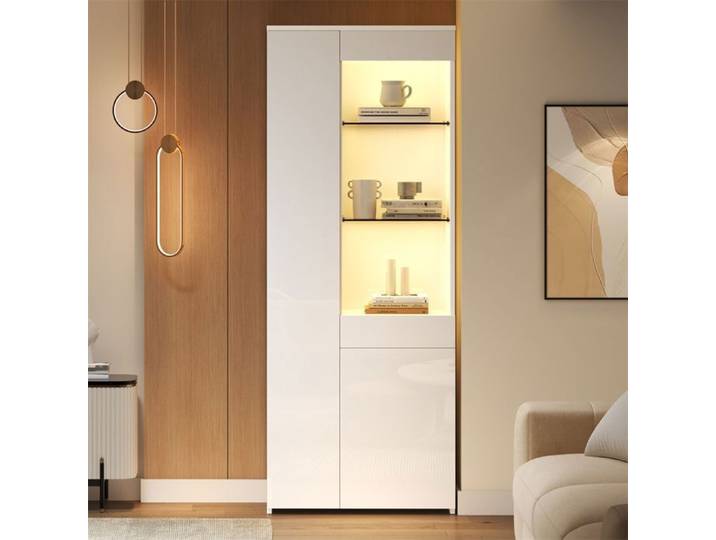 DRIPEX Vitrine Brillante avec éclairage LED vitrine en verre avec tiroir portes et étagère de rangement 70*35*180 cm Blanc