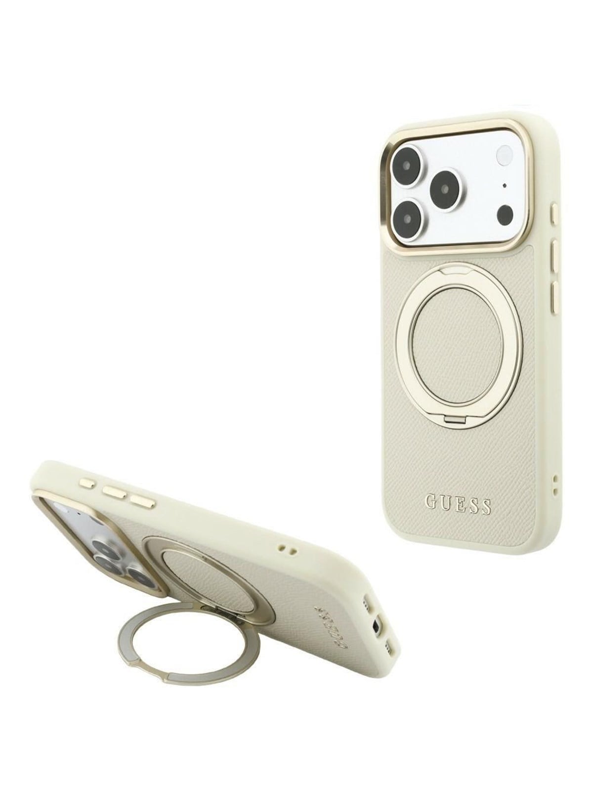 GUESS Ring Stand 360 Grained Classic Logo MagSafe case for iPhone 18 Pro Max / 17 Pro Max - beige