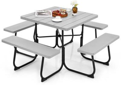 Costway Outdoor Picnic Table with 4 Benches and Umbrella Hole-Gray