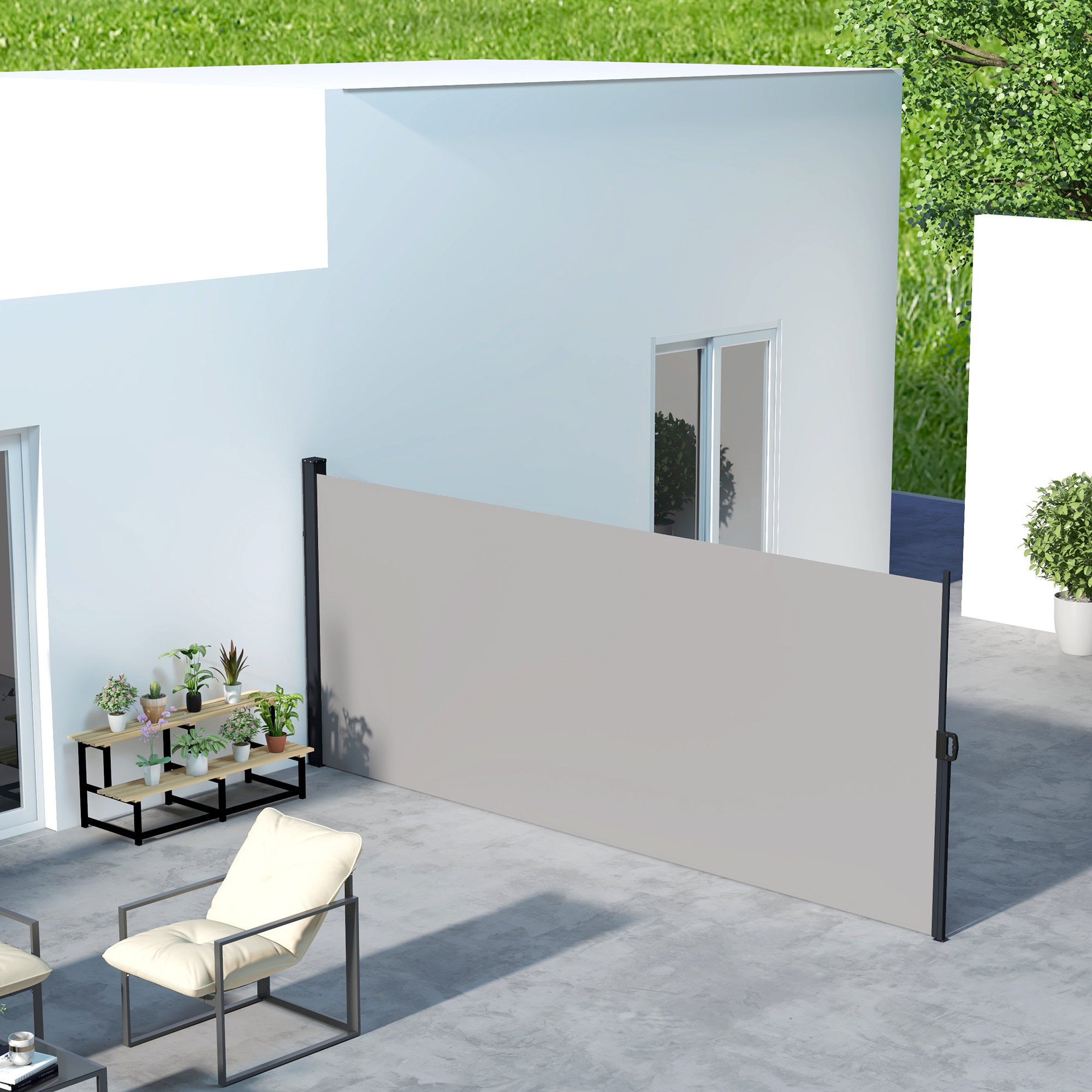 Outsunny Tenda Laterale Retrattile 400x180 cm con Maniglia, in Metallo, Alluminio e Poliestere, Grigio Chiaro