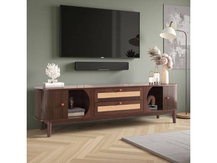 Meuble TV - Novélys - 170cm - Portes Coulissantes en Bois & Tiroirs en Rotin - Buffet Bas Style Japandi - Noyer