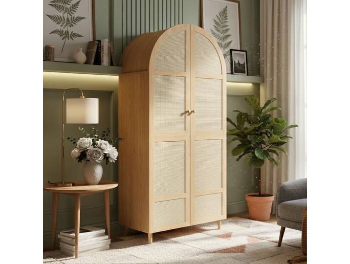 Armoire Penderie - 80 x50x179cm - Portes Incurvées en Rotin - 2 Tiroirs - Style Bohème Naturel - Pieds Bois Massif
