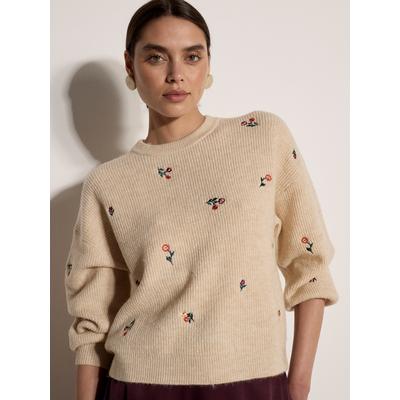 Strickpullover APRICOT "Weicher Pullover", Damen, Gr. 16, stone, Pullover Strickpullover, mit Blumenstickerei