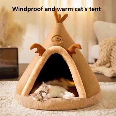 PetsAreLife Cat House Enclosed For Winter, Dismantlable Warm Nest For Cats, Four Seasons Cozy Christmas Bed brown m