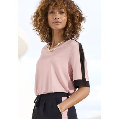 Kurzarmshirt VIVANCE, Damen, Gr. 32/34, lila (mauve, schwarz), Jersey, Obermaterial: 95% Polyester, 5% Elasthan, unifarben mit Farbeinsatz, figurumspielend hüftlang, Rundhals, gerader Abschluss, Shirts, mit sportlichen Kontraststreifen