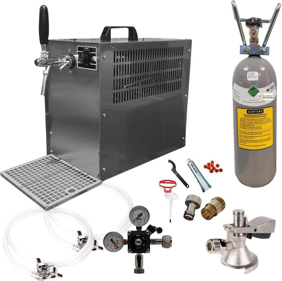 Zapfanlage Bierkoffer 60l/h Komplettset Flachkeg(A) 2 kg CO2 und Reinigungsset