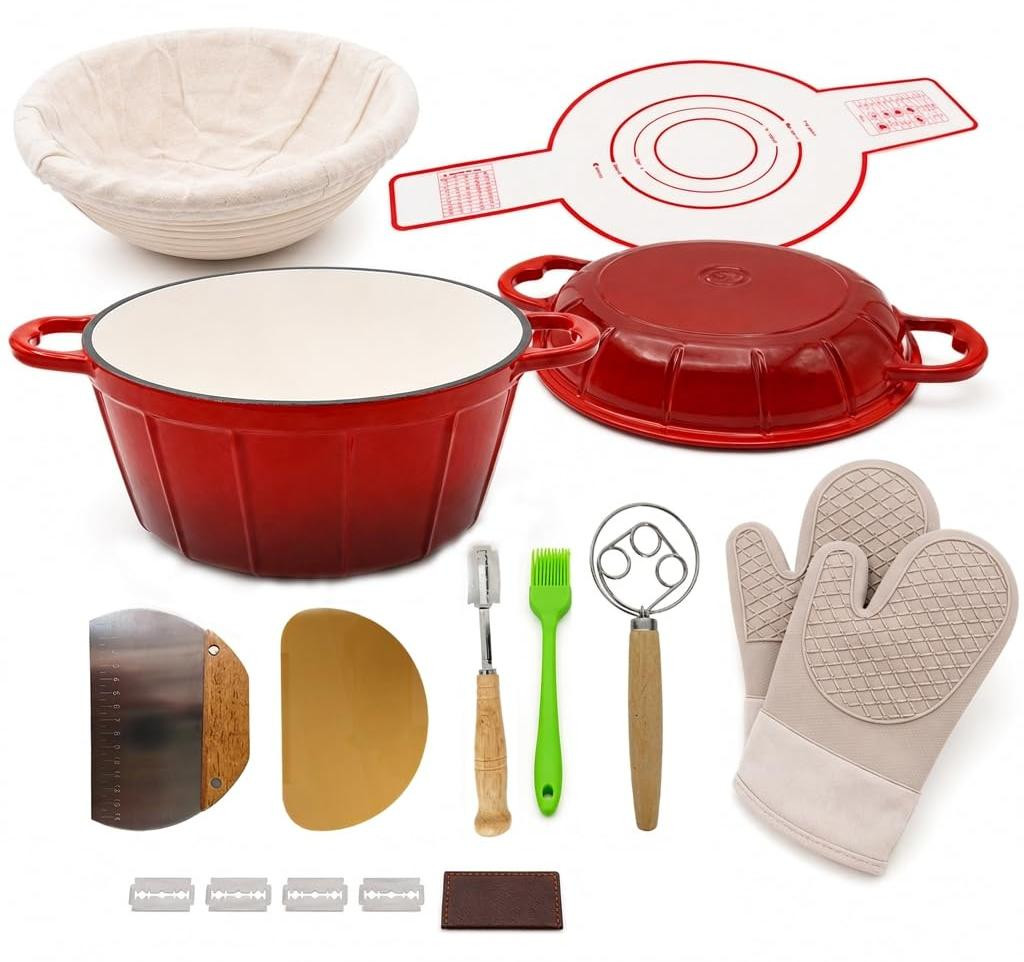 Dripio Emaille Gietijzeren Braadpan en Zuurdesembrood Bakset, 5 liter, Rood