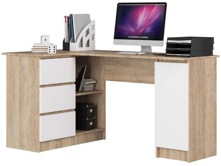 Grand bureau d'angle AKORD gauche B20 Chêne Sonoma 155 cm 1 porte 3 tiroirs façade Blanche 4 étagères 155x85x77 cm