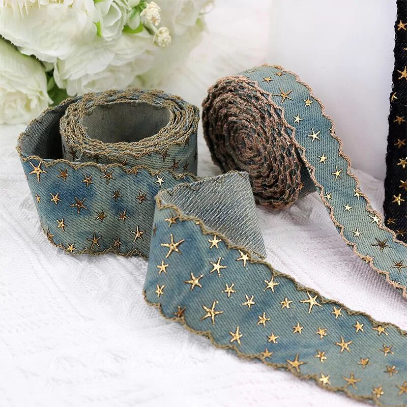 INF Denim Borte mit gestickten Sternen - Vintage-Stil Band für DIY-Bastelarbeiten