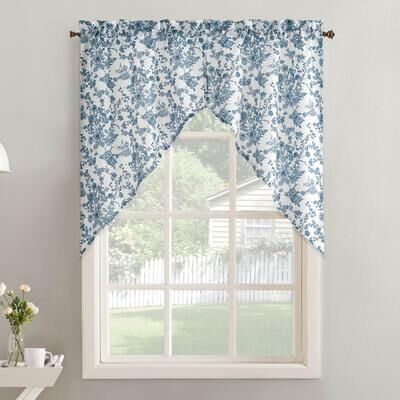 No. 918 Elara 2-Piece Tonal Botanical Semi-Sheer Rod Pocket Kitchen Curtain Swag Pair
