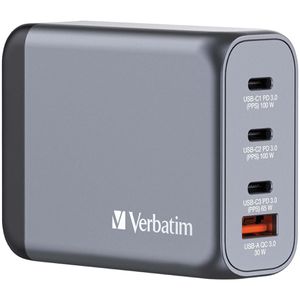 Verbatim USB-Ladegerät GNC-100, GaN, 100 Watt, 3x USB-C und 1x USB-A, 4 Ports, Schnellladegerät