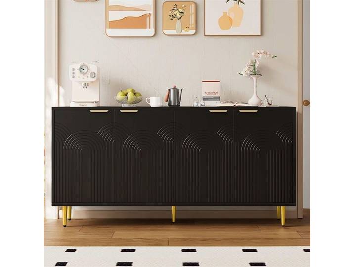 Buffet Sideboard - 160x40x80 cm - Commode 4 Portes avec Poignées Or Brossé et Pieds Haute Brillance - Noir