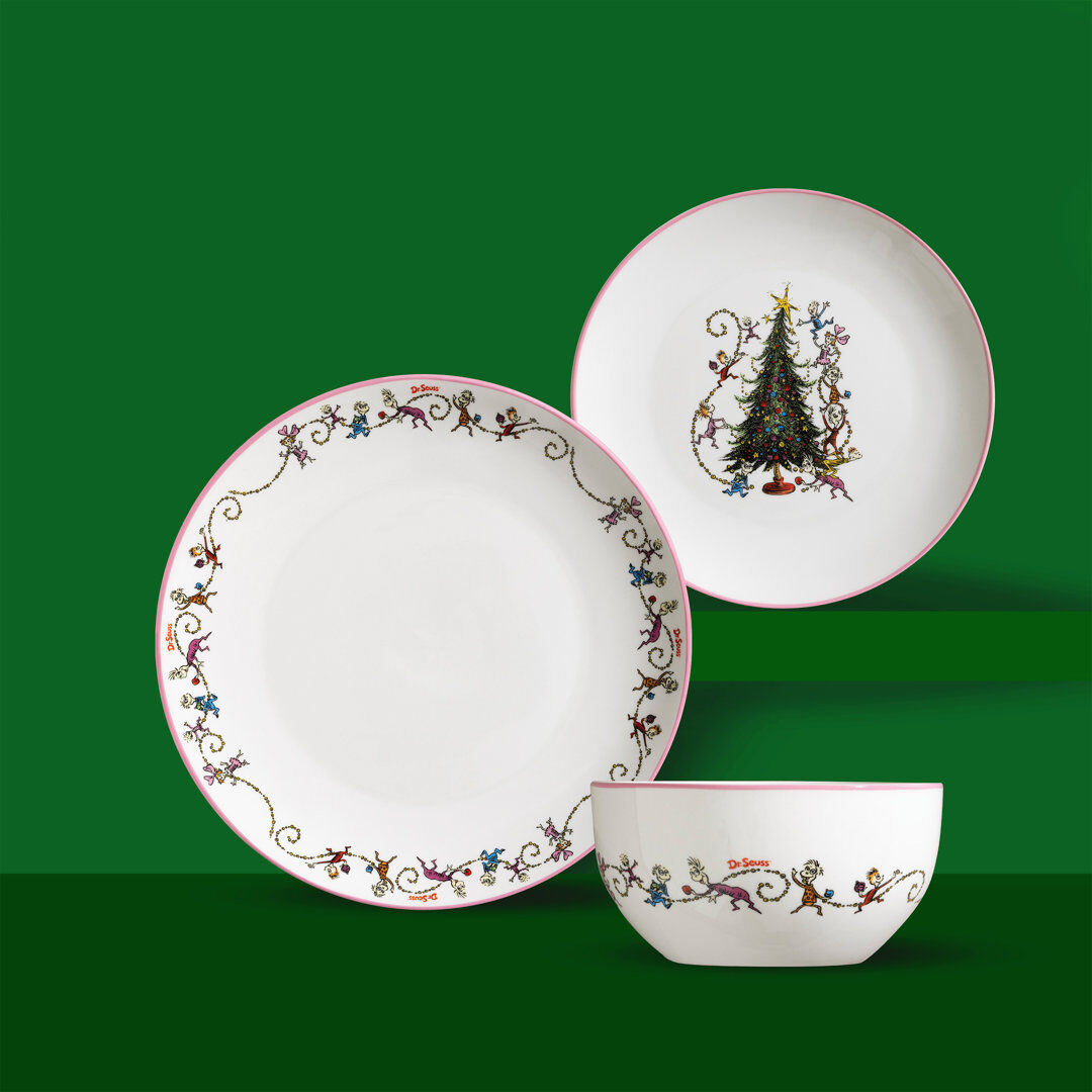 Daewoo The Grinch & The Whos 12PC Porcelain Dinner Set 4 Place Christmas Plates Bowl, 12 Piece Dinner Set Cindy White 12