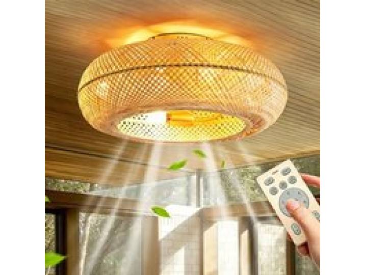 Ventilateur de plafond avec lumière Ventilateur cage tissé à la main rotin Silencieux Style cage rotin Télécommande 6 vitesses