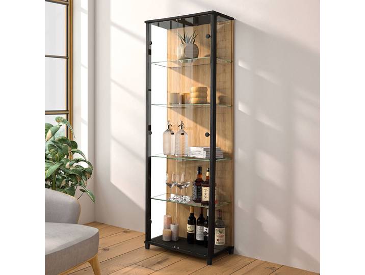 Vitrienschrank 58 cm mit 4 Böden 58 x 172 x 32cm ohne Beleuchtung Schwarz/Wildeiche Dekor
