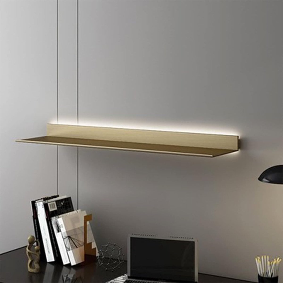 Zwevende wandplank met LED-verlichting in goud, breedte: 90 cm