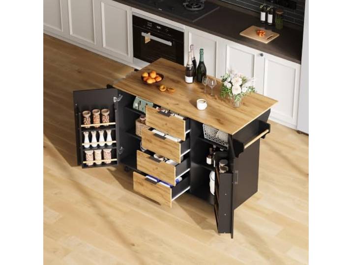 Merax Kücheninsel Freistehend mit Klappbare Arbeitsplatte & Rollen, Küchenwagen mit 4 Schubladen & Verstellbare Einlegeböden & Gewürz, Holzoptik, Küche & Esszimmer, 45(70) x120x81cm, Schwarz & Natur