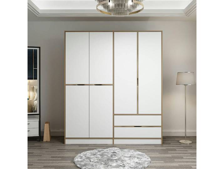 Armoire penderie 6 portes, 2 tiroirs BYRON - Blanc