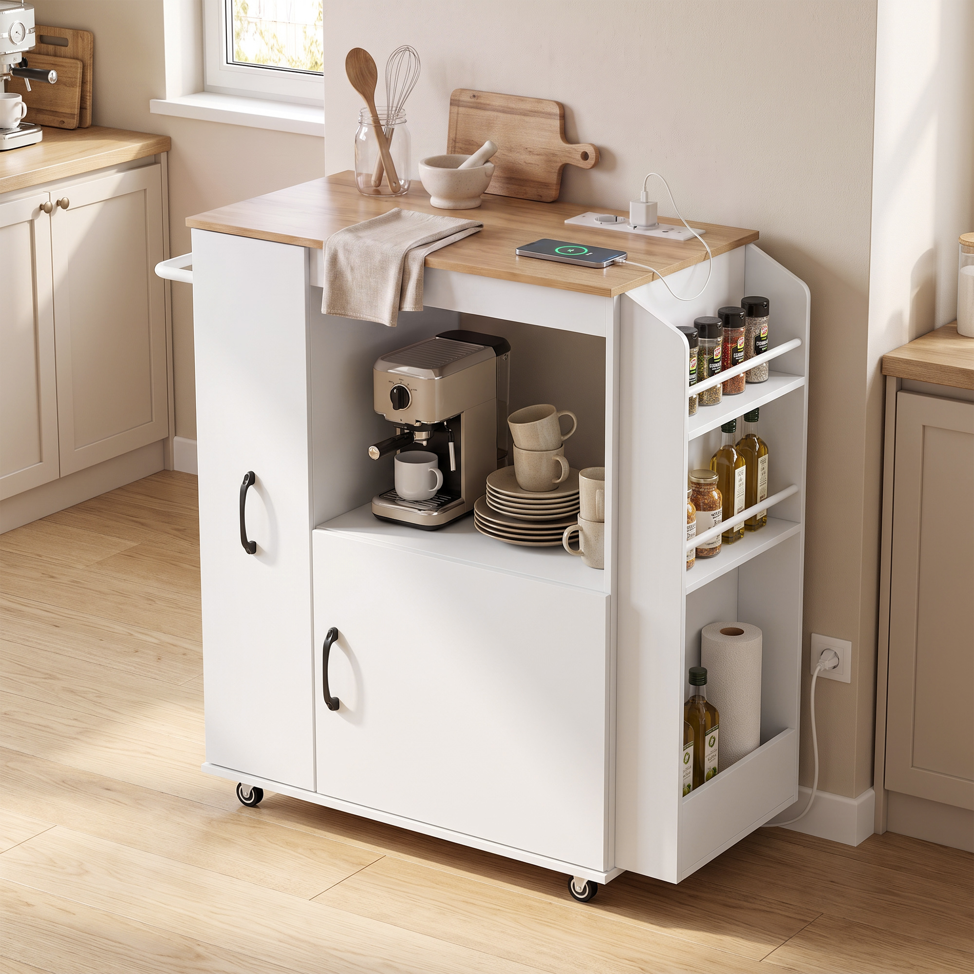 Homcom Carrello da Cucina con Presa di Corrente, Mobile con Ruote, Bianco   Aosom Italy