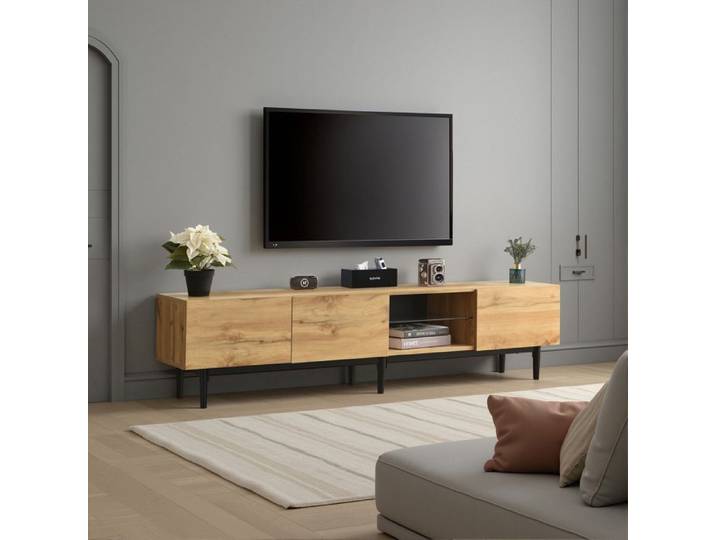 Meuble TV - Novélys - 175cm - avec Éclairage LED & 3 Portes Abattantes - Style Industriel - Chêne Clair & Noir