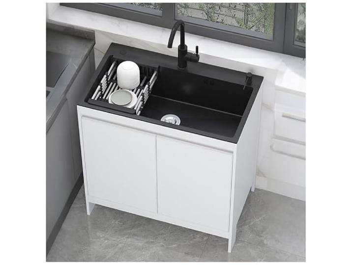 Freistehendes Spülbecken mit Stauraum-Unterschrank, 304er Stahl-Arbeitsplatte, Aluminiumkorpus, Wasserhahn & Korb für platzsparende Waschküche
