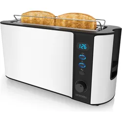 Arendo Toaster Edelstahl 2 Scheiben Langschlitz, Doppelwand, Brötchenaufsatz, Display mit Restzeitanzeige, Toaster, Weiss