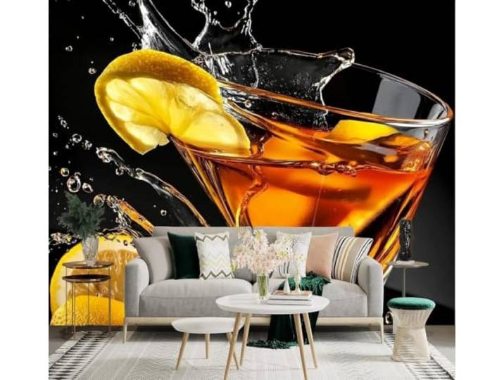 XLMING 3D Tapeten Gelb Weinglas Zitrone Obst Getränk Luxuriöse Seide Deko Aufkleber Geeignet für Restaurants Sofas Wohnzimmer Schlafzimmer Sowie alle Wände Wandbilder-430cm×300cm