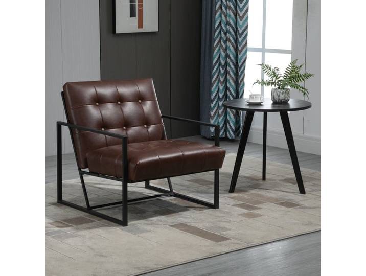 Fauteuil de salon - AKOZON - Chesterfield - Capitonné - Structure métal noir - Revêtement synthétique chocolat