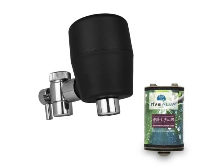 rivaALVA-S Jova EM Wasserhahnfilter schwarz - Trinkwasserfilter mit Blockaktivkohle, Membranstufe und EM-Keramik - 2in1 Wasserfilter