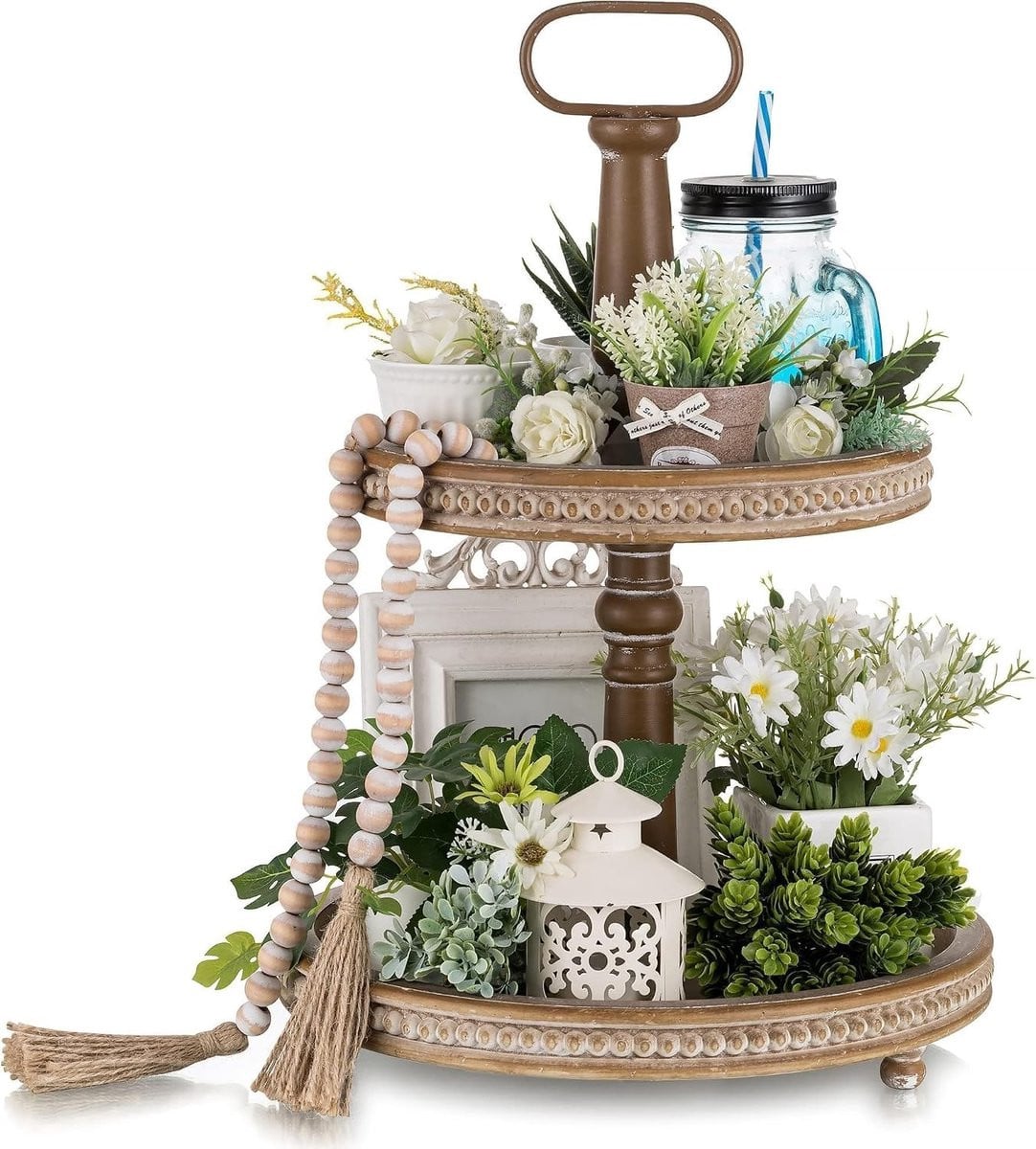 Gelaagde decoratieve houten tray met 2 niveaus en kralen voor badkamer, keuken of tafeldecoratie