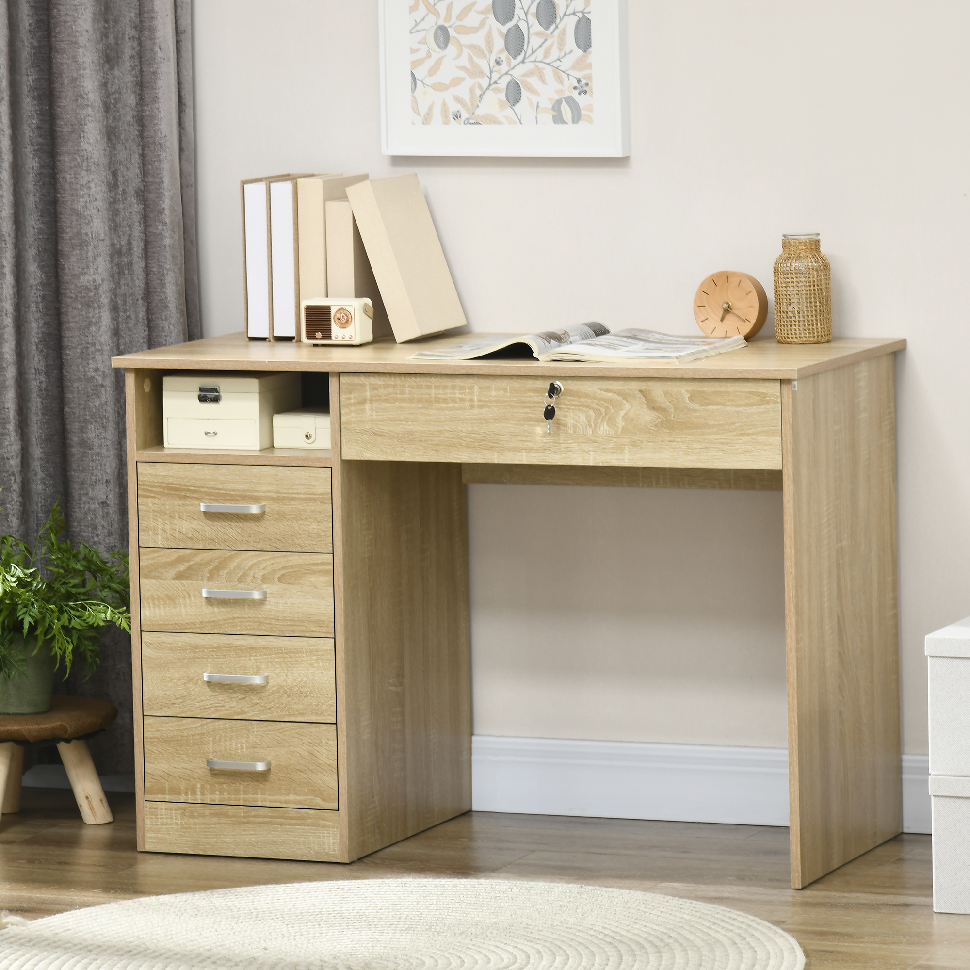 Homcom Scrivania per Camera o Ufficio in Legno con 2 Cassetti e 2 Chiavi, 110x50x76cm, Bianco   Aosom Italy