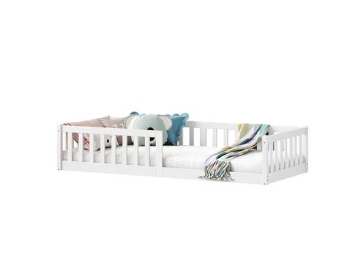 IDIMEX Bodenbett Gustavo mit Rausfallschutz Kiefer Massiv - weiß 90 x 200 cm Bodenbett mit Rausfallschutz Montessori-Kinderbett