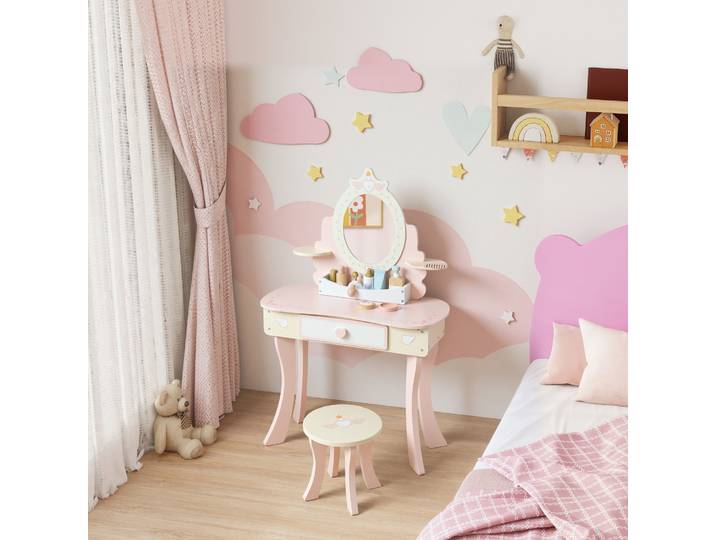 AIYAPLAY Coiffeuse pour enfants, ensemble coiffeuse avec tabouret, tiroir et miroir amovible
