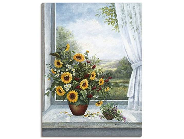 ARTLAND Wanddeko Leinwand Bilder Wandbild Stillleben Arrangements Botanik Malerei Blau A6DL Sonnenblumen am Fenster