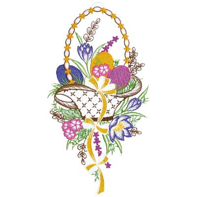 Fensterbild "Osterkorb" Gr. 1, bunt (bunt, gelb, rosa), B:20cm H:39cm, Polyester, W. REUTER & SOHN - PLAUENER SPITZE, Fensterbilder, Made in Germany
