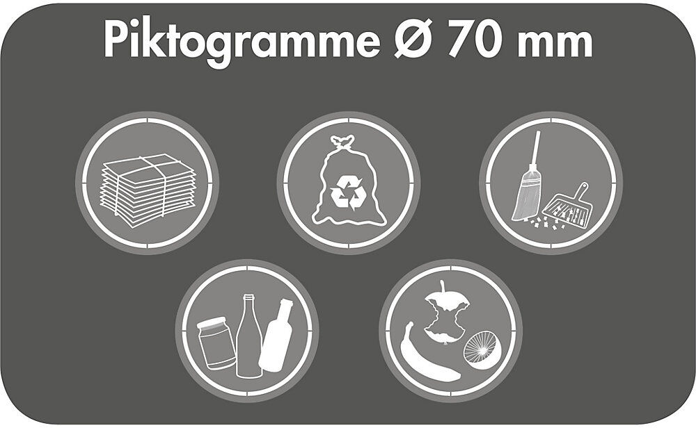 kaiserkraft Piktogramme, Ø 70 mm, international, mit Symbolen, weiß
