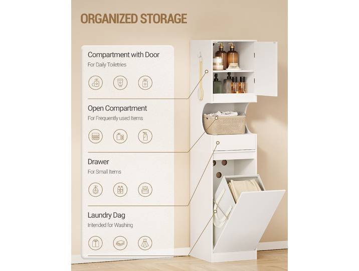Armoire de salle de bain avec panier à linge, placard haut, sac à linge, panier à linge pliable, porte et tiroir, blanc
