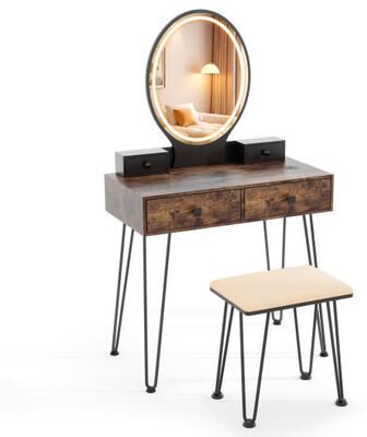 Costway Vanity Table Set with 3-Color Lighted Dimmable Mirror-Brown