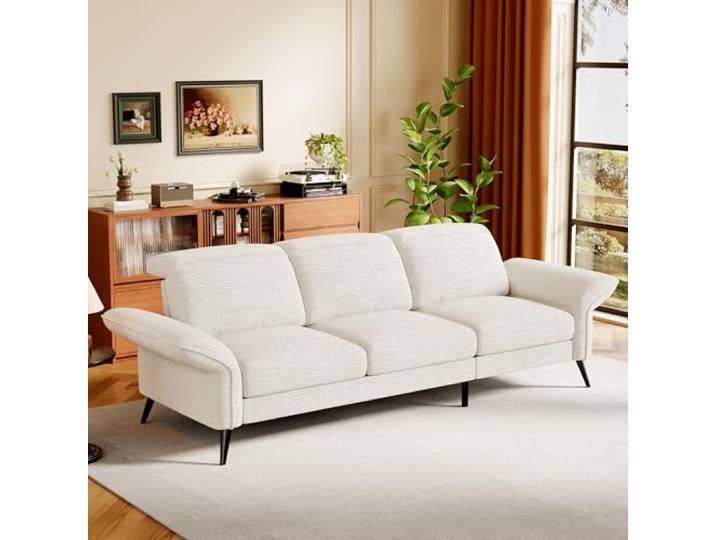 Vipbear 3-Sitzer Sofa mit Tiefensitz, 241x77x78cm Chenille-Stoffsofa mit verstellbaren Armlehnen und Kopfstütze für Wohnzimmer, Schlafzimmer und Wohnungen, Beige