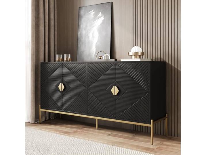 FammyLoft Sideboard Wohnzimmer, Buffetschrank, 162 x 40 x 80cm, Schwarz 2 Schränken, Metallbeine