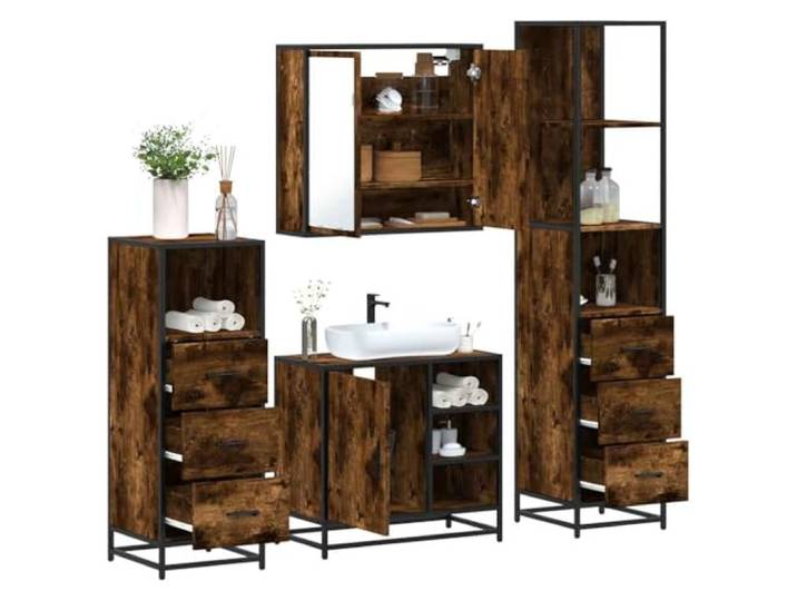 ZQQLVOO 4-TLG. Badmöbel-Set Räuchereiche Holzwerkstoff Wandmontage,Spiegelschrank,Metallgestell,Lowboard,Waschbeckenunterschrank,Stauraum,platzsparend