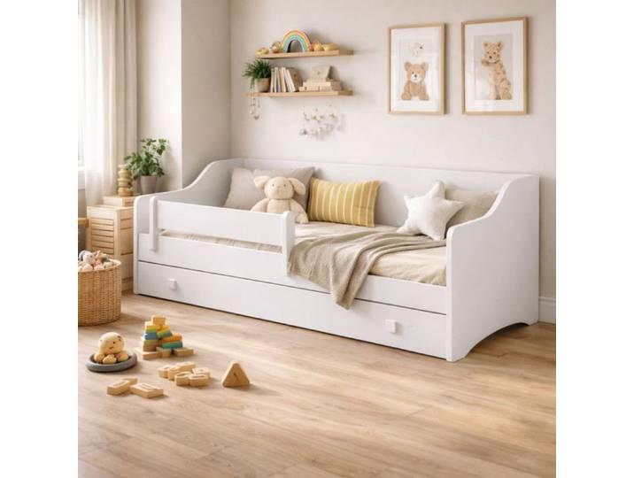Lit enfant ERYK 160x80 avec matelas + sommier + tiroir + poignées blanches